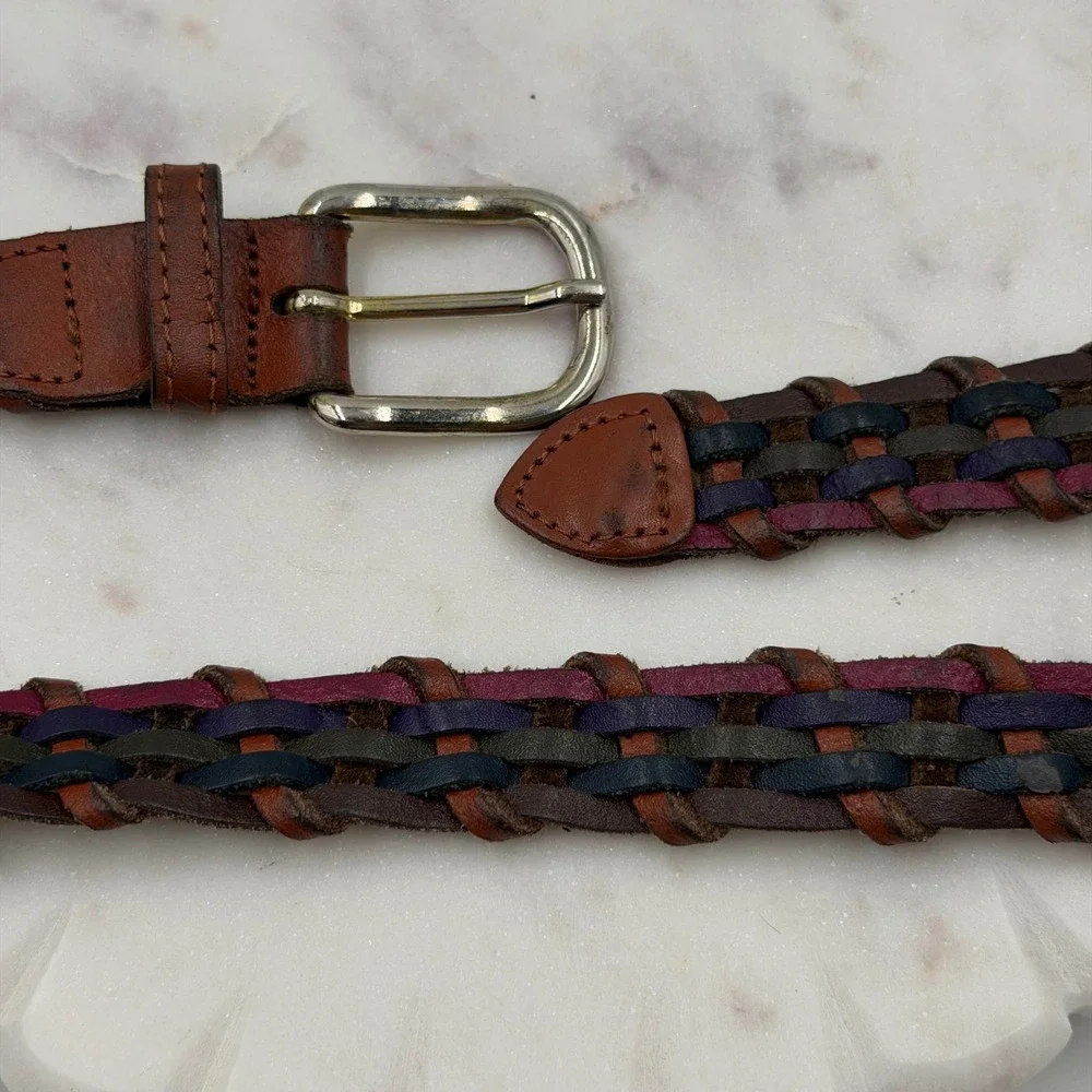 Vintage Argentina Woven Braided Multi Color Genuine Leather Belt Women ML 1in